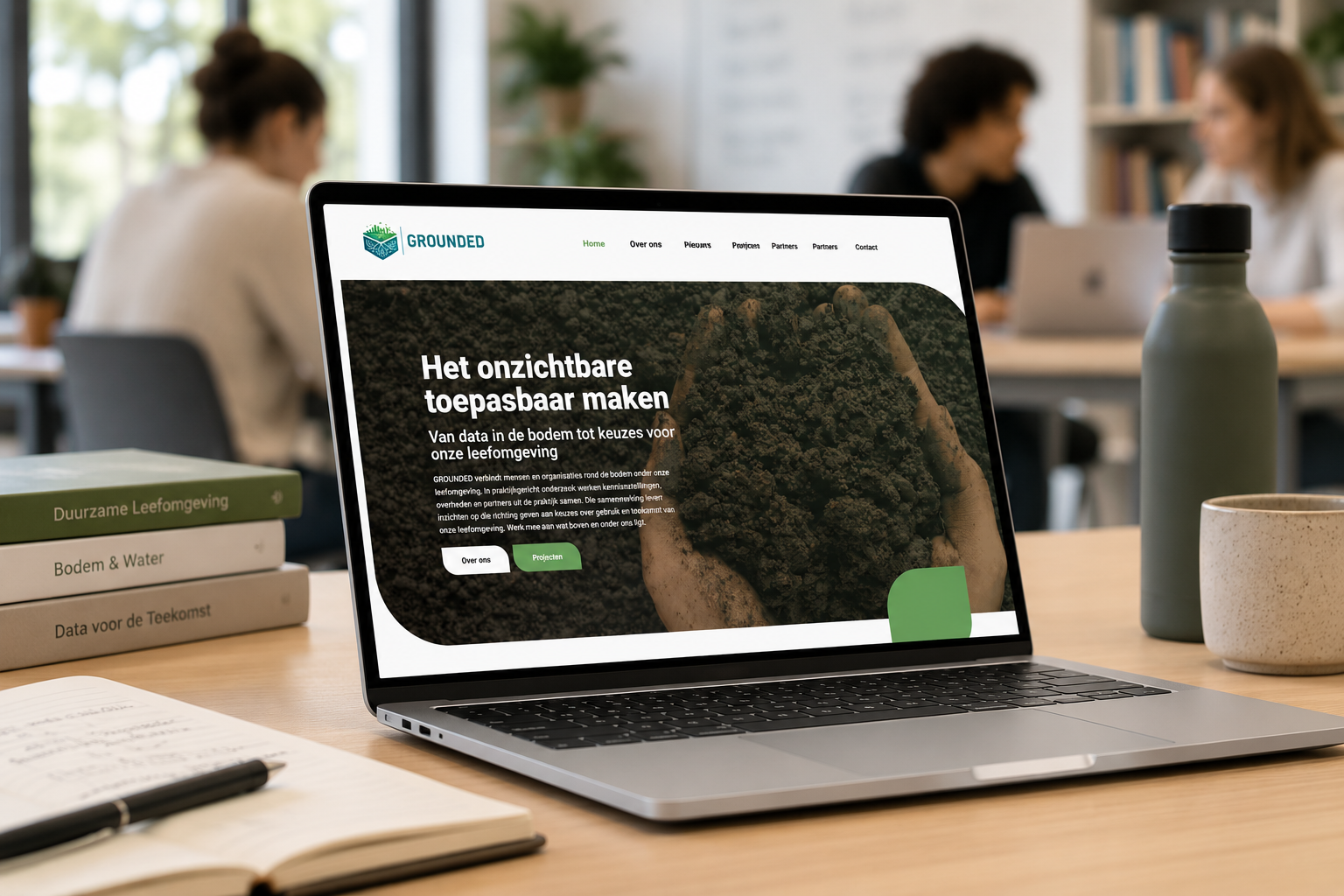 GROUNDED-website weergegeven op een laptop in een kantooromgeving.