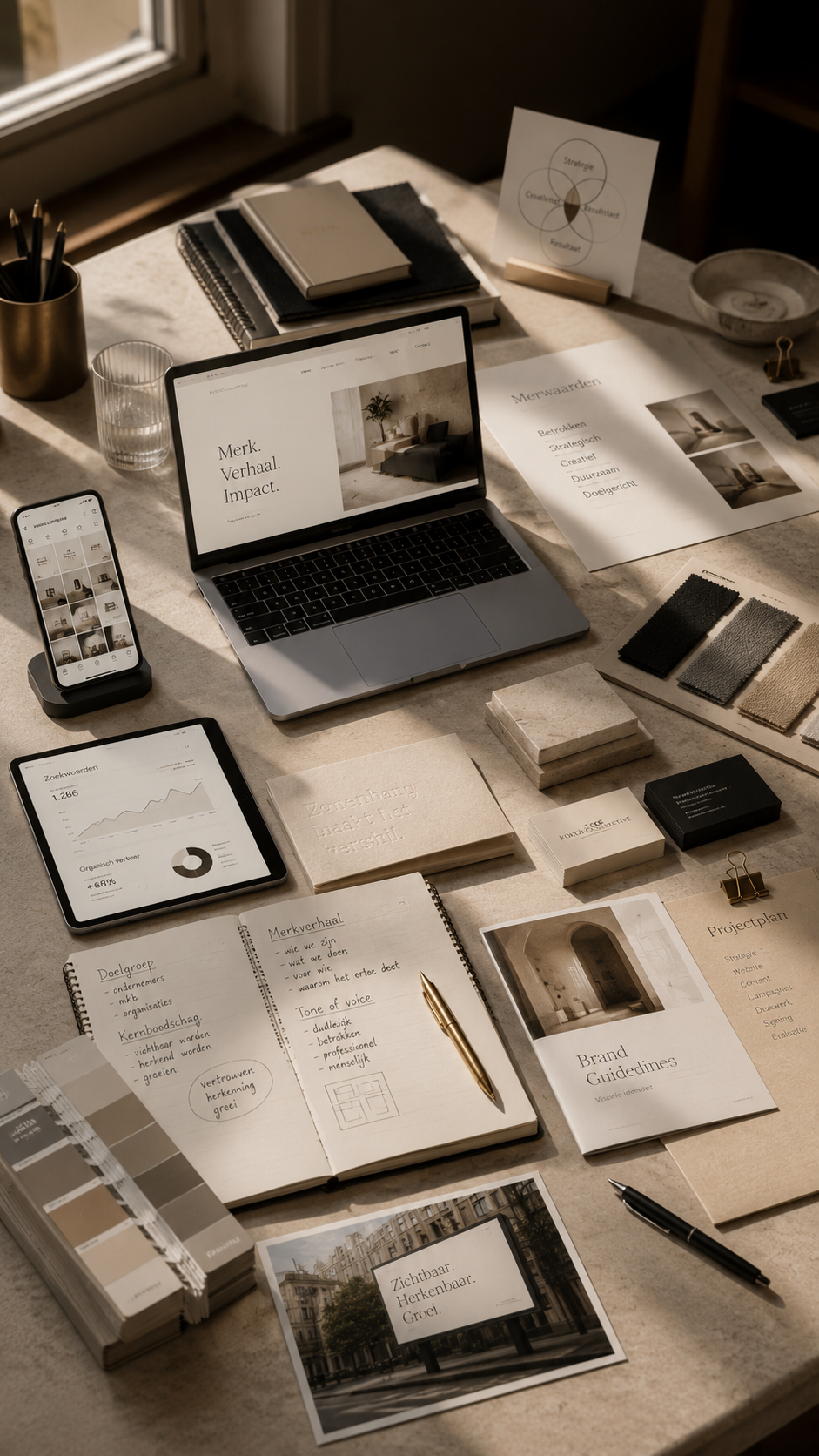 Werktafel met laptop, merkgids, kleurstalen en drukwerk van Kokos Collective